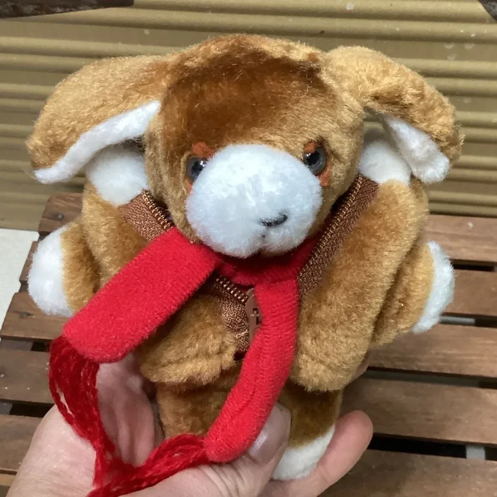 Avon Vintage Mini Plush Puppy Dog Ornament with Brown Coat & Scarf